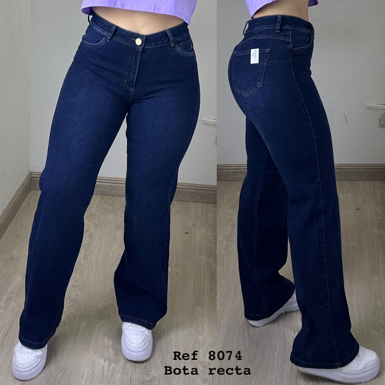 Una mujer lleva un par de jeans de pierna ancha