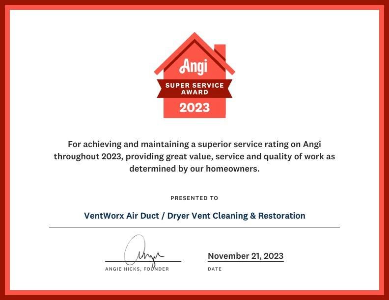 Angi Super Service Award 2023 - Presented to VentWorx Air Duct / Dryer Vent Cleaning & Restoration