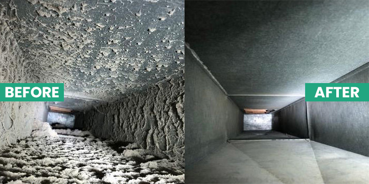 a before and after picture of a duct being cleaned .