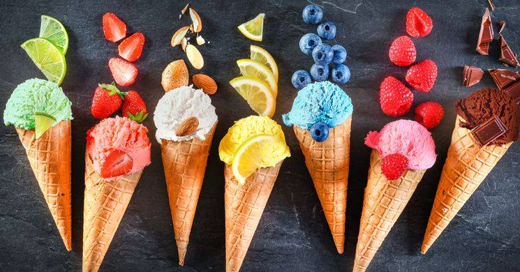 Ice cream cones with various flavors and toppings: green, red, white, yellow, blue, and pink.