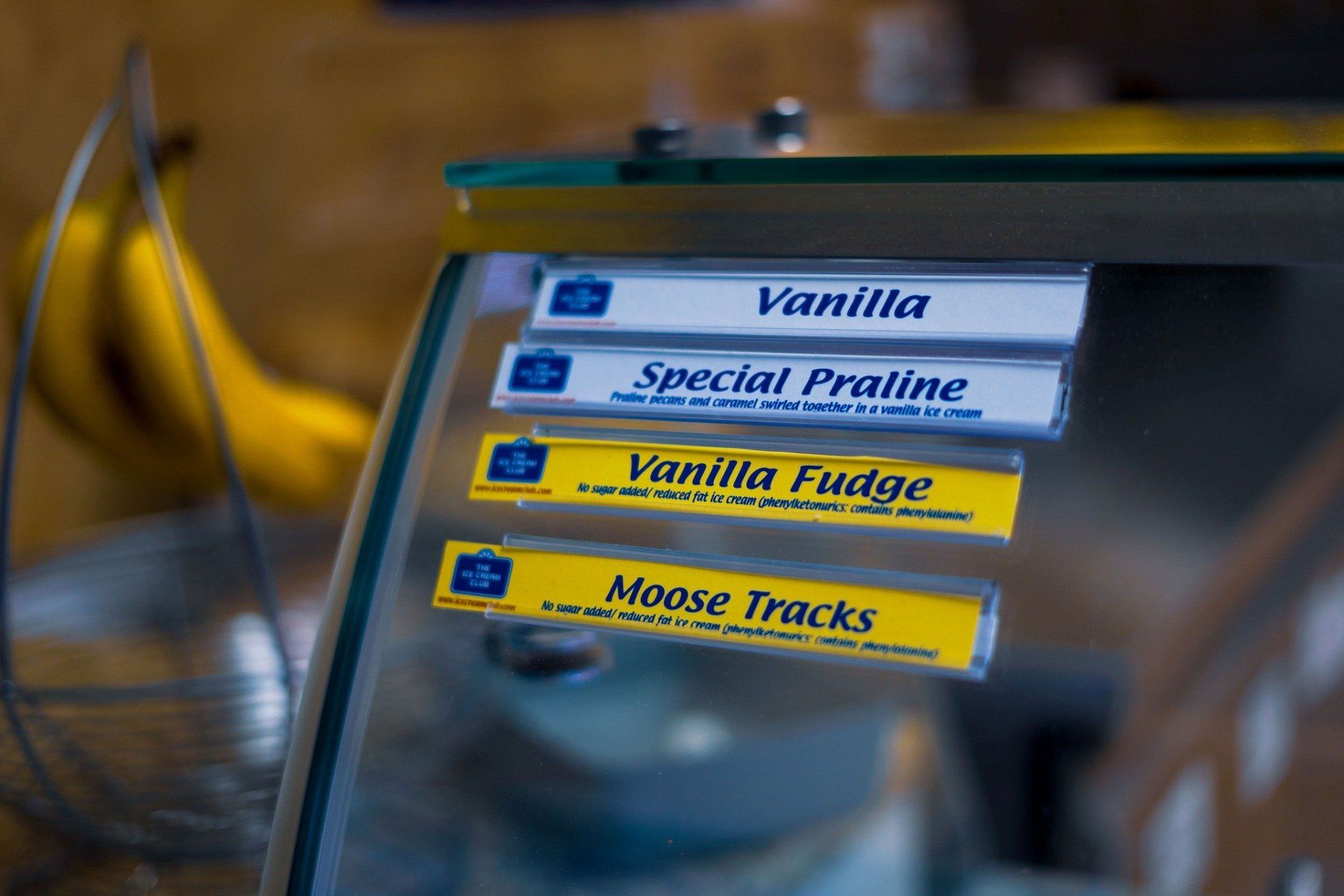 Signage for ice cream flavors: Vanilla, Special Praline, Vanilla Fudge, and Moose Tracks.