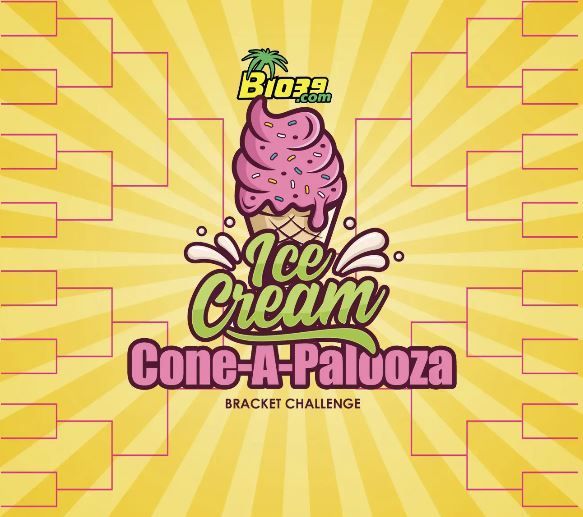 Ice Cream Cone-A-Palooza bracket challenge graphic with ice cream cone on yellow background.