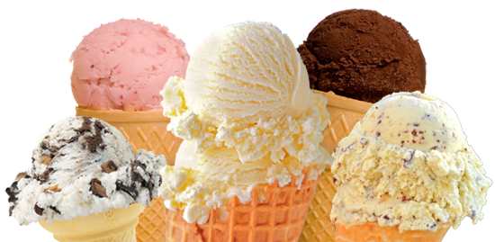 Ice cream cones with various flavors: strawberry, vanilla, chocolate, and cookies and cream.