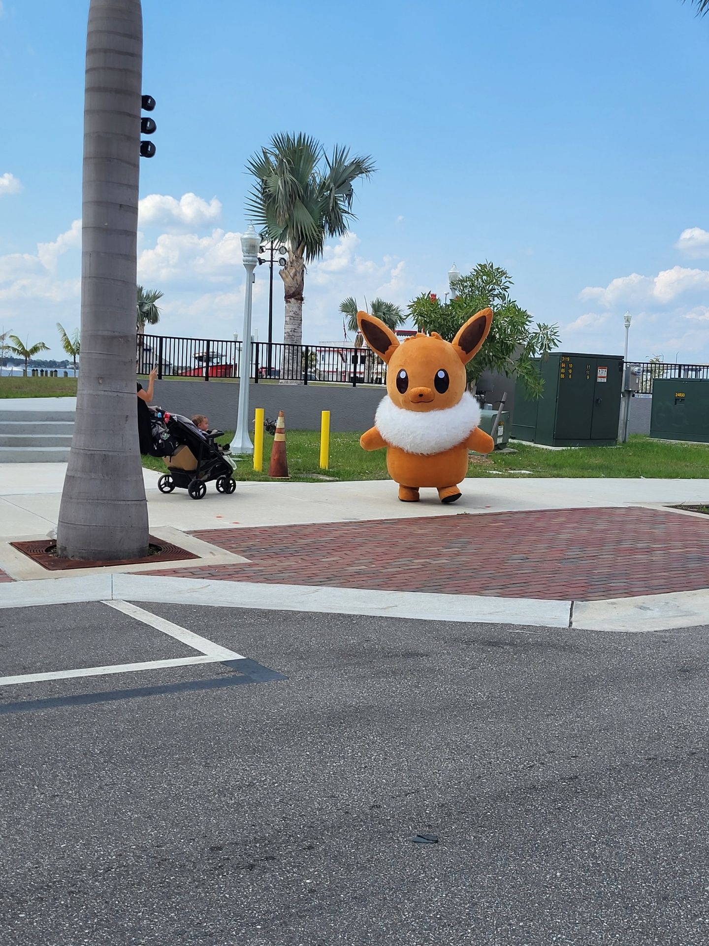 An Eevee mascot stands on a sidewalk, facing the camera, with a palm tree and blue sky in the background.