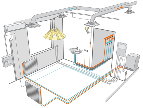 Vector isometric apartment cutaway.Indoor ventilation system and independent heating system in boiler-house