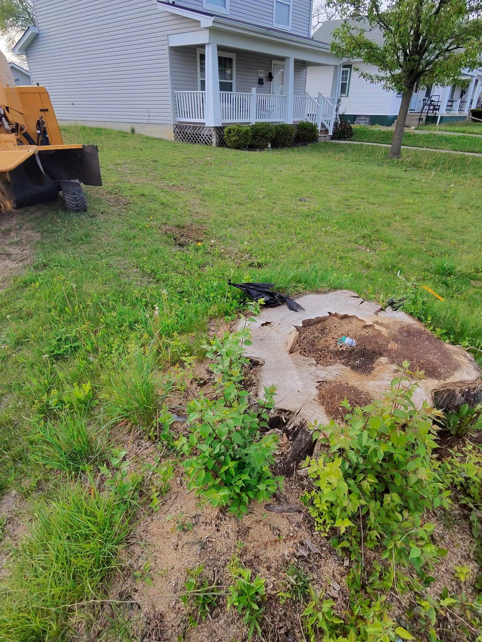A tree stump in the grass in front of a house.