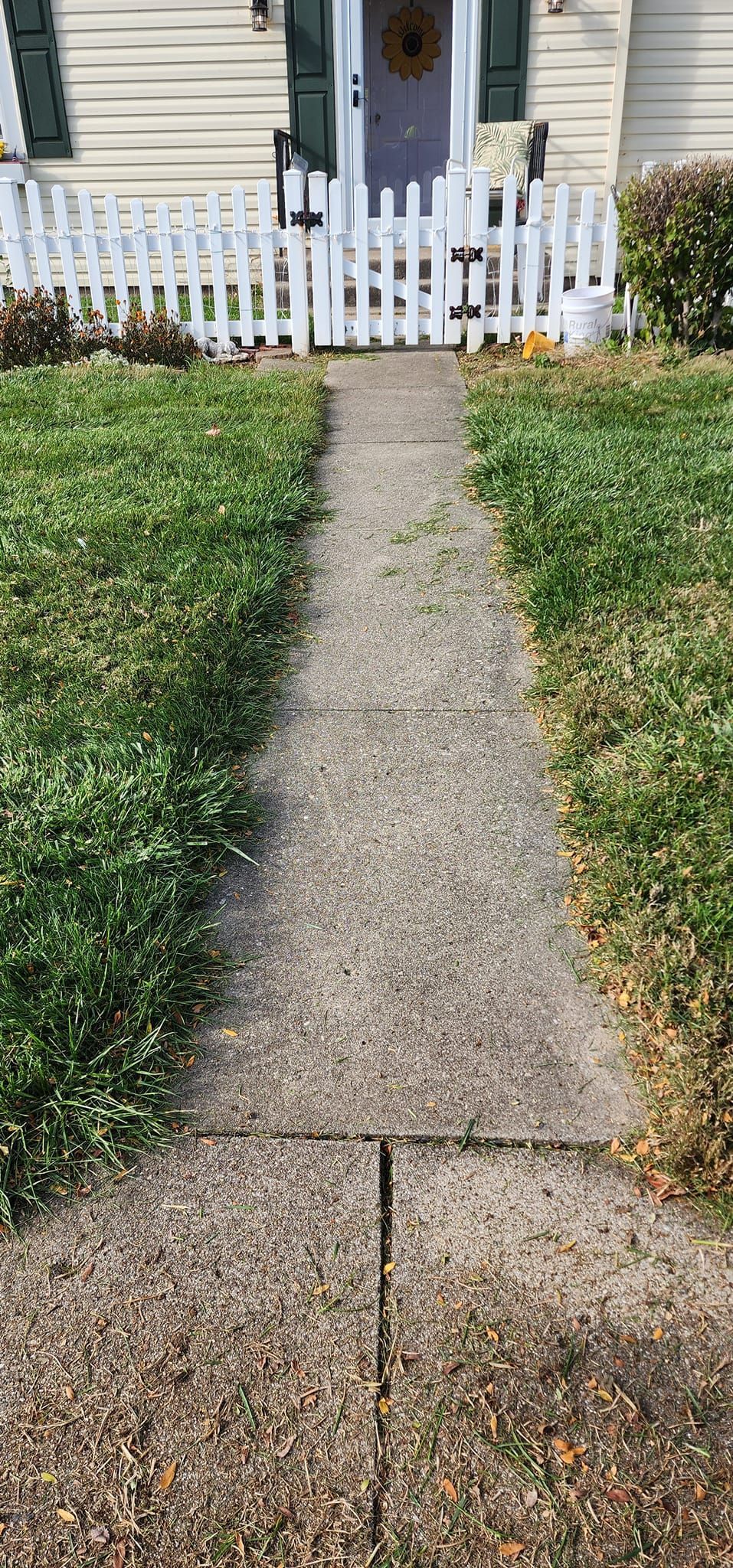 A concrete walkway leading to a house with a white picket fence.