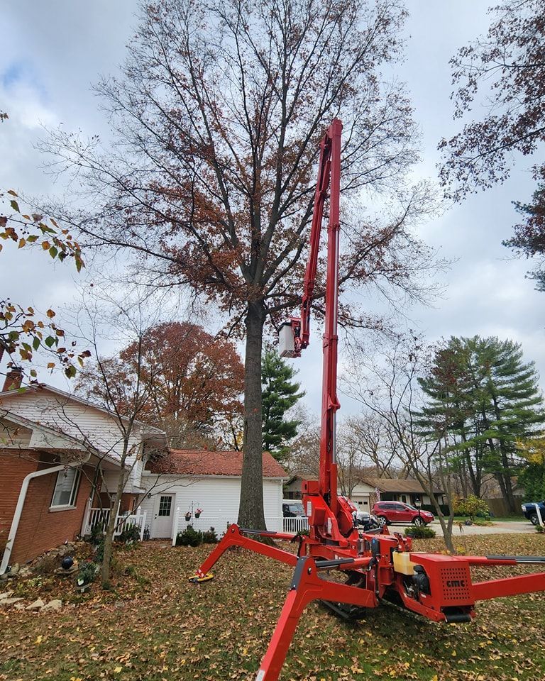 A red crane is cutting a tree in front of a house.