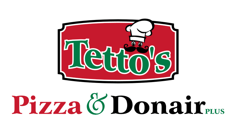 Logo for Tetto's Pizza & Donair Plus. Red background with white chef hat and text.