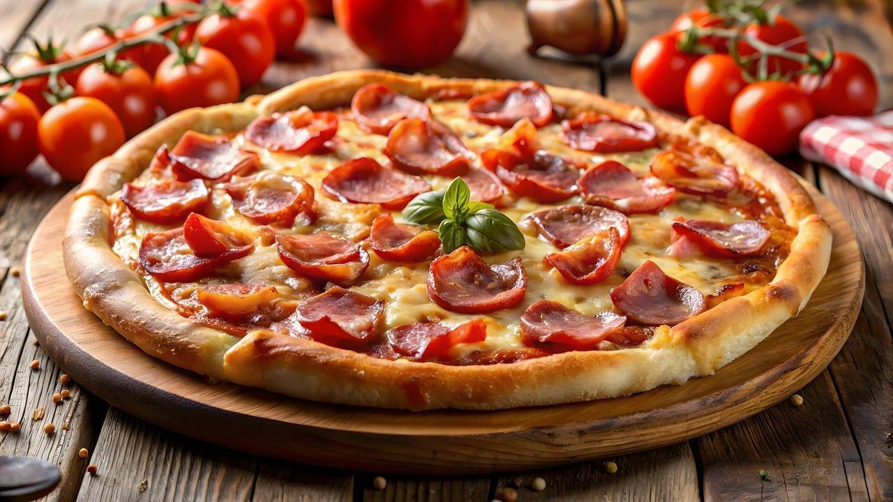 Pizza topped with meat and cheese on a wooden board with tomatoes.