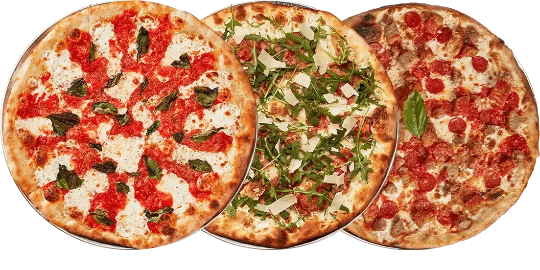 Three pizzas with different toppings, arranged side-by-side.