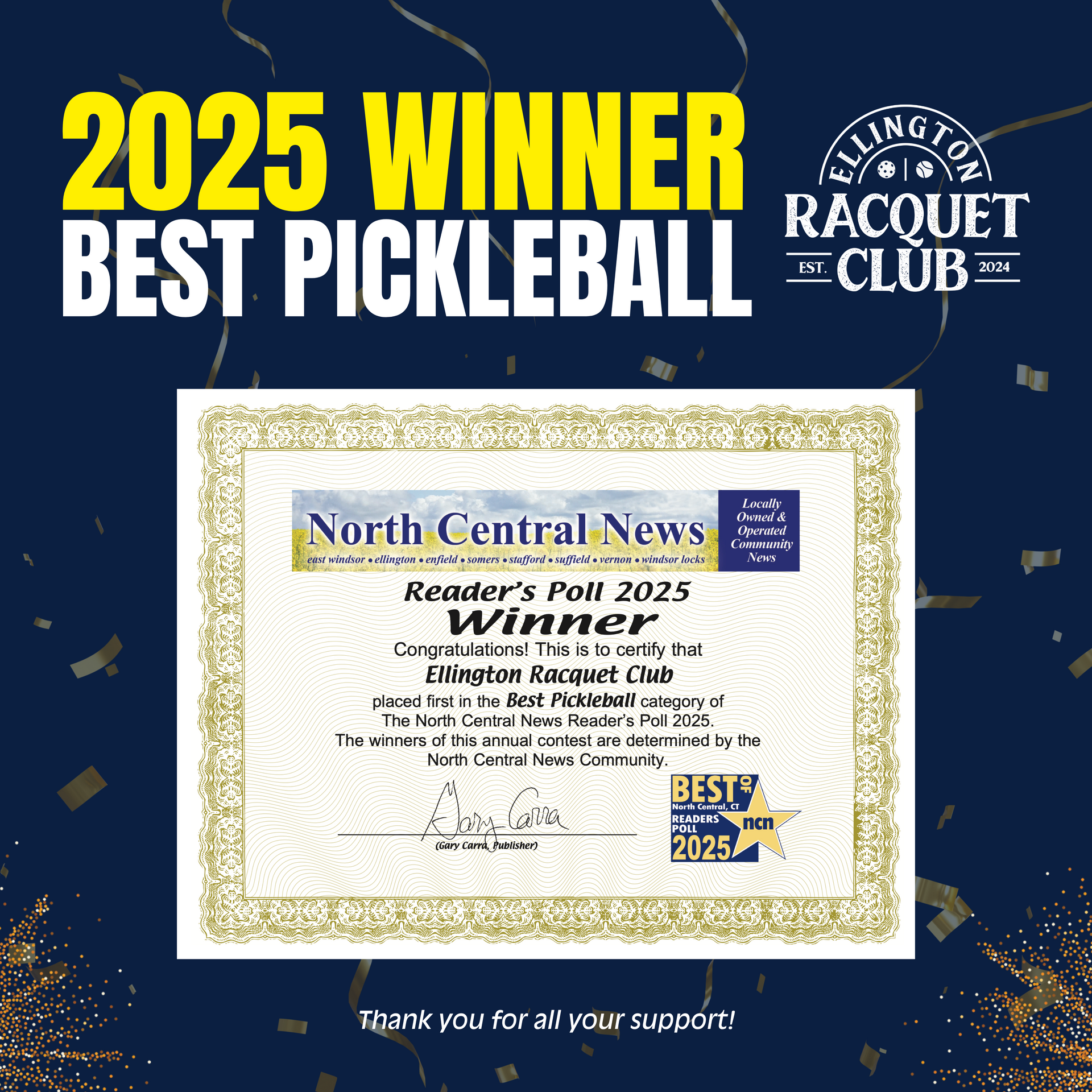 Ellington Racquet Club wins best pickleball place 2025