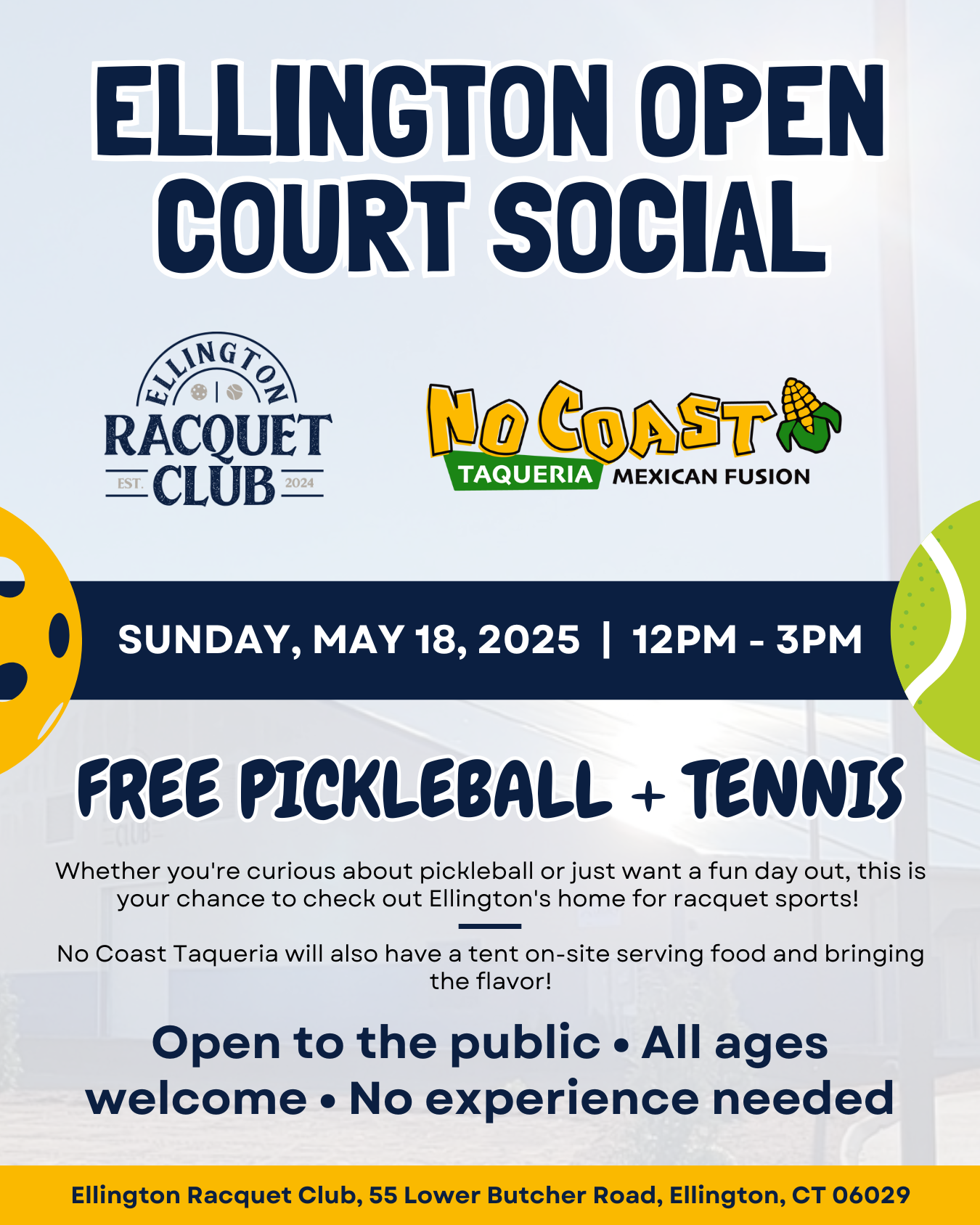 Ellington Racquet Club Open Play Day event with tennis and pickleball