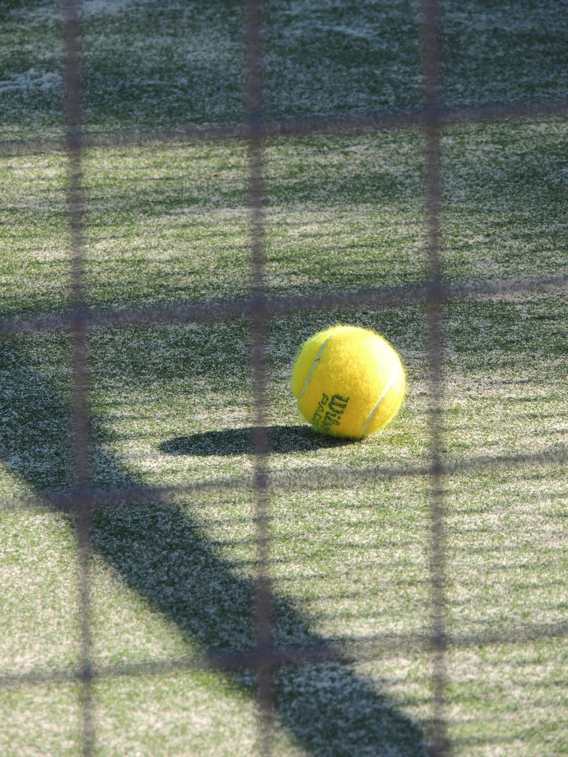Yellow tennis ball on green court, seen through a net.