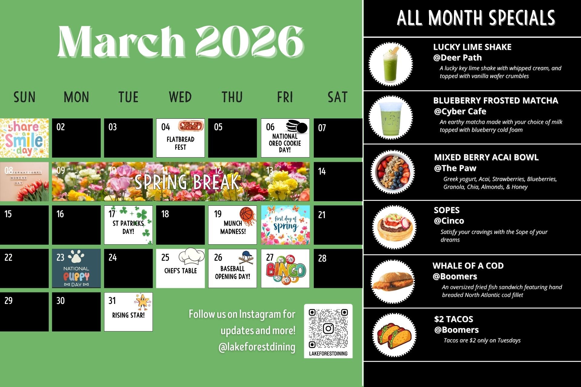 March 2026 Events & Specials Calendar