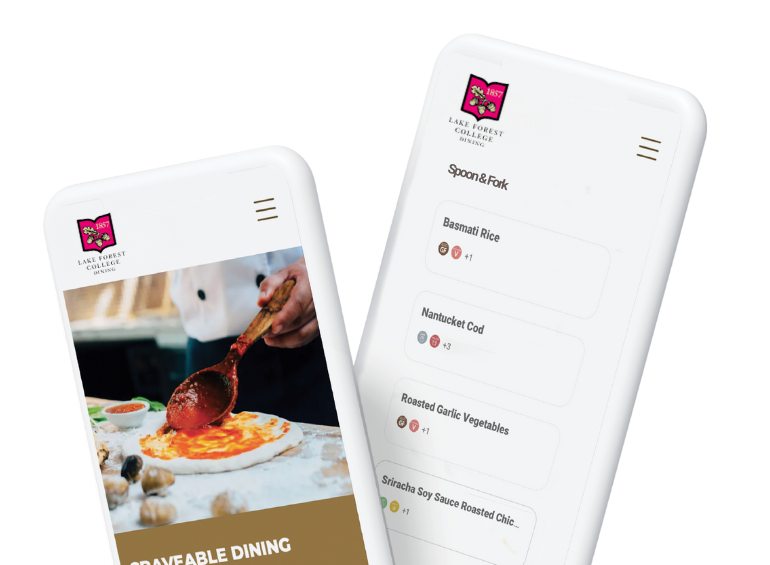 Two smartphones displaying a restaurant menu; one with a pizza being made, the other listing specials.