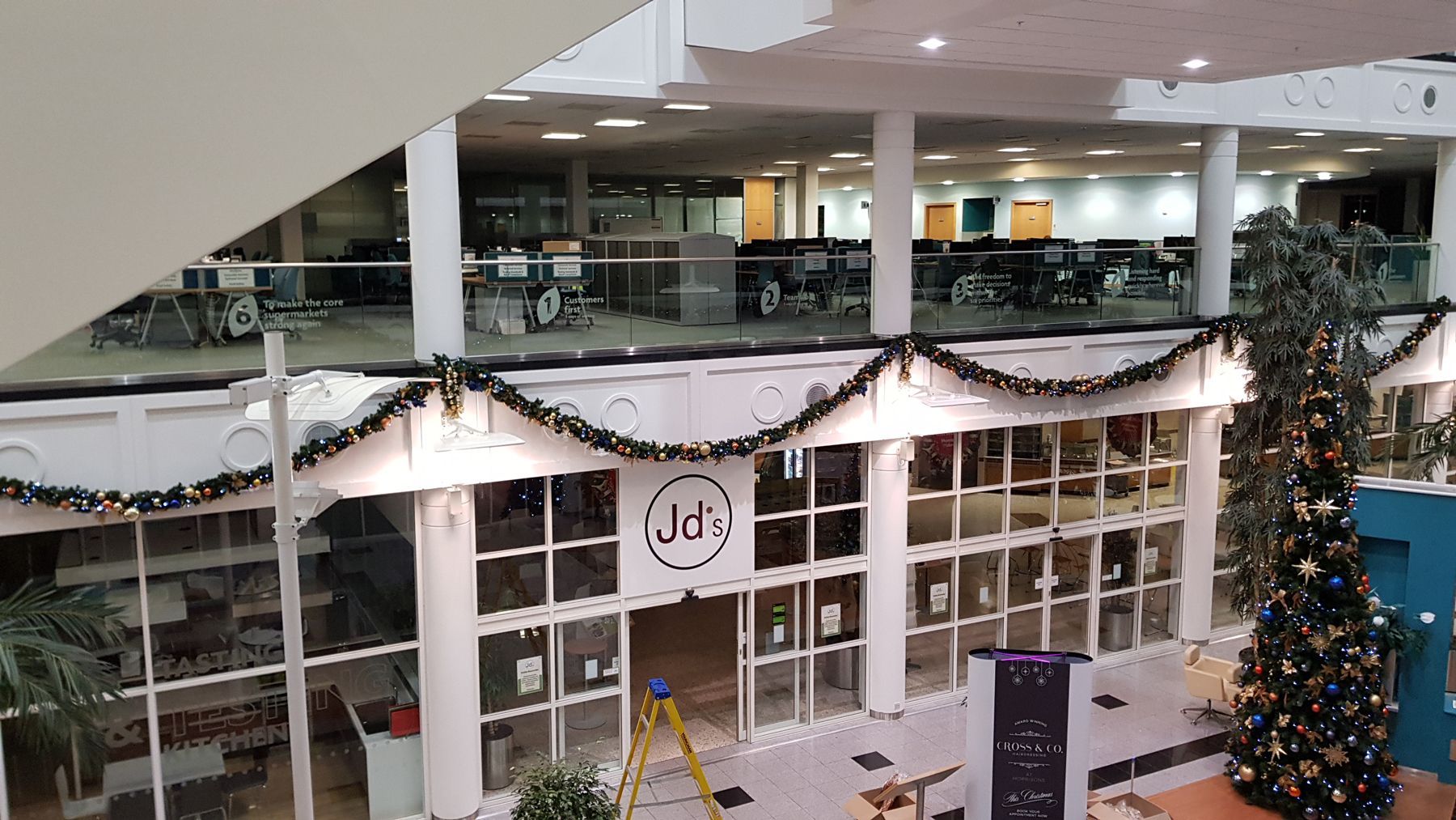 A large building with a christmas tree in the middle of it.