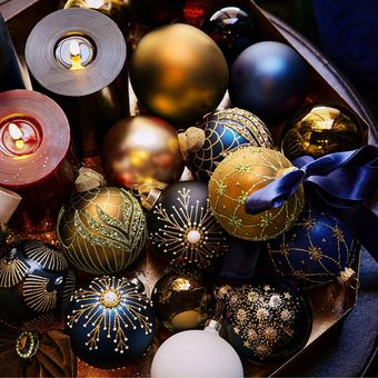 A close up of christmas decorations on a christmas tree.