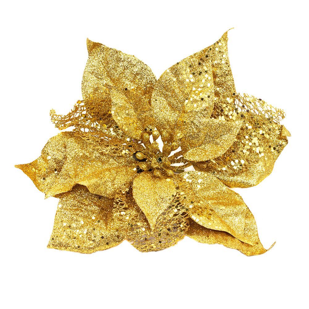 Gold Decorative Glitter Poinsettia On Clip - 23cm