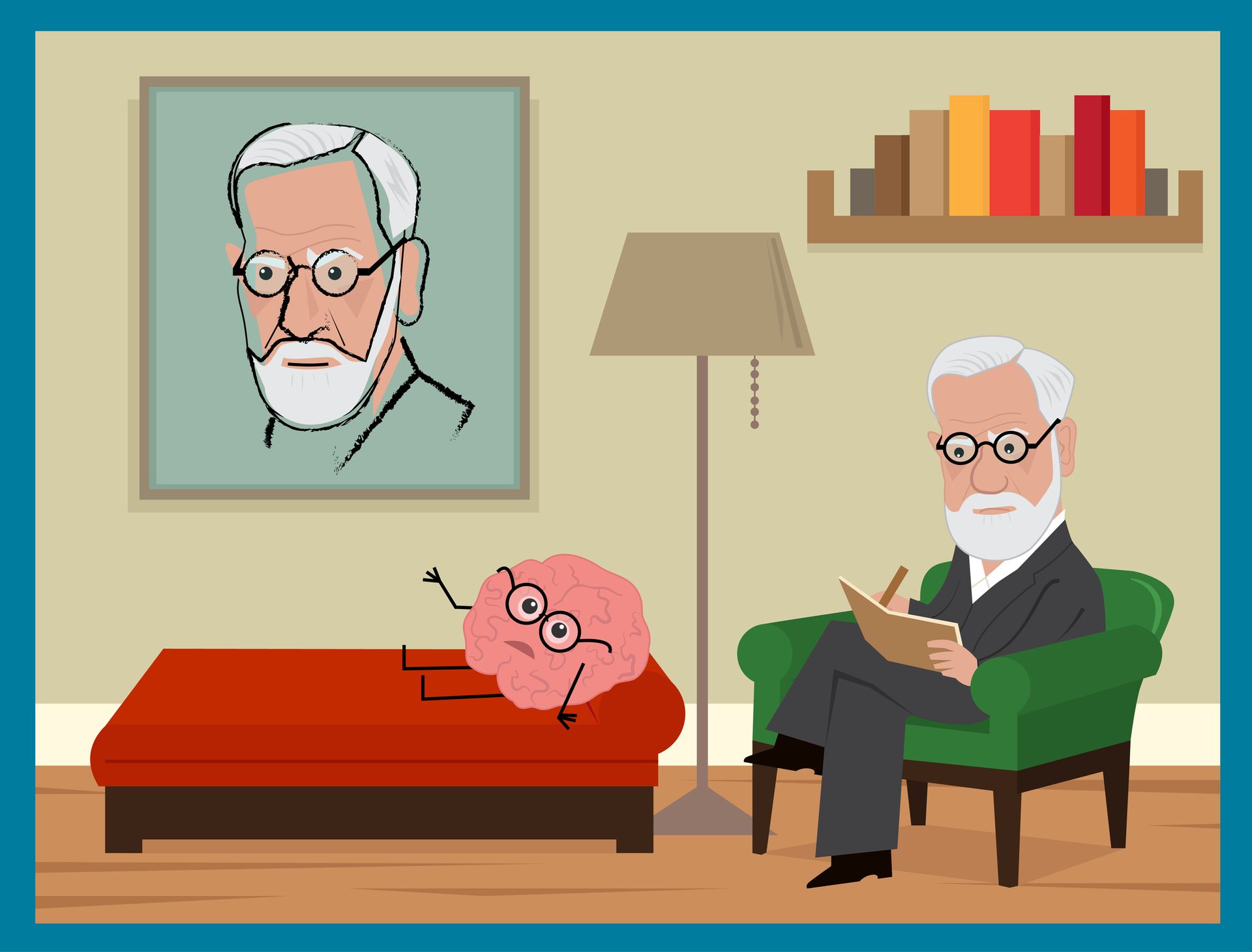 A cartoon of a man sitting in a chair talking to a brain.