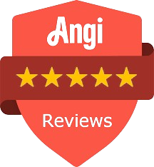 A red shield with yellow stars and the words `` angi reviews '' written on it.