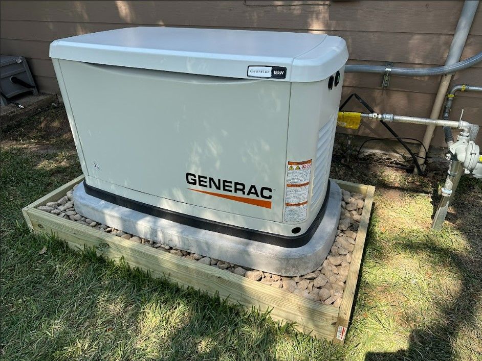 A generac generator is sitting on top of a wooden platform.