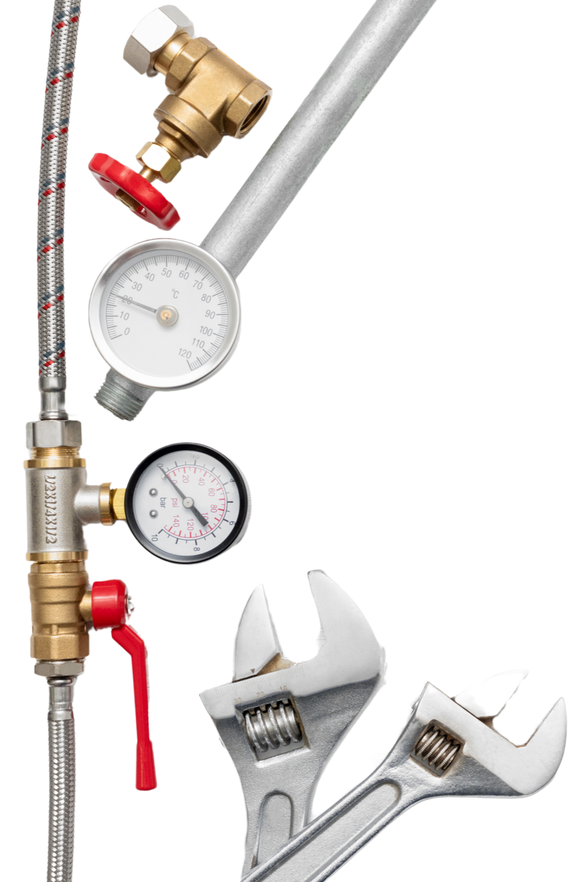 A wrench , gauges , valves and a hose on a white background.