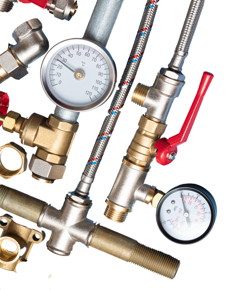 A bunch of brass pipes and gauges on a white background.