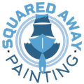 Logo for Squared Away Painting: a blue, circular emblem featuring a sailboat integrated with a paint scraper icon.