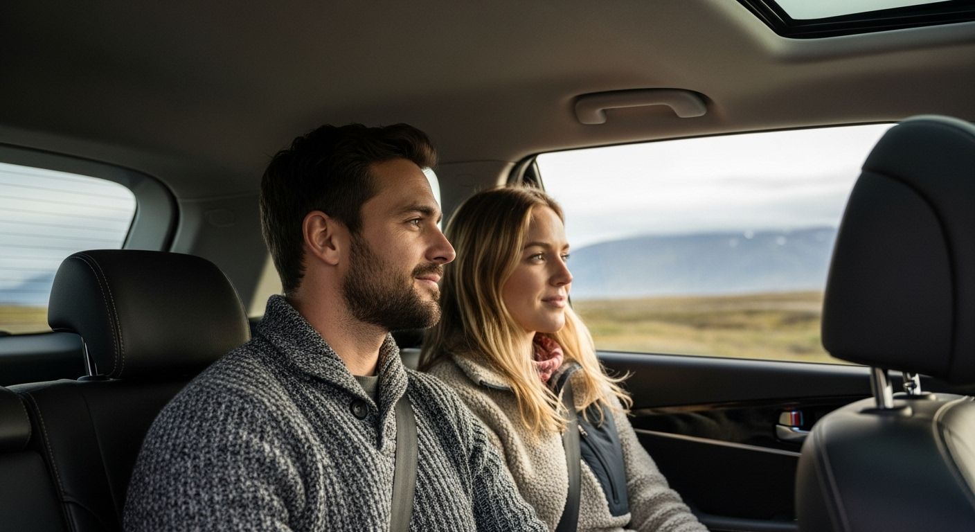 A couple enjoying a comfortable and private airport transfer in Iceland.