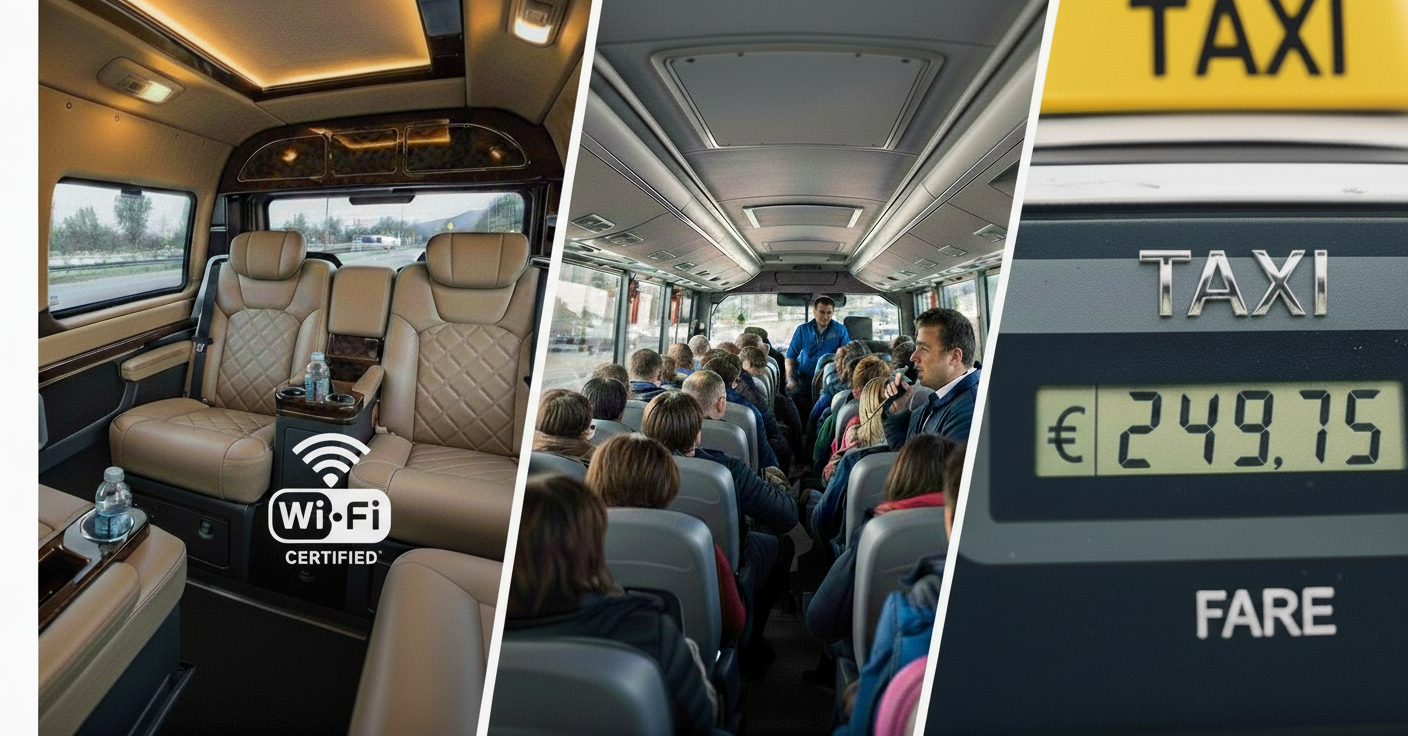 A visual comparison of a private transfer, a public bus, and a taxi in Iceland.
