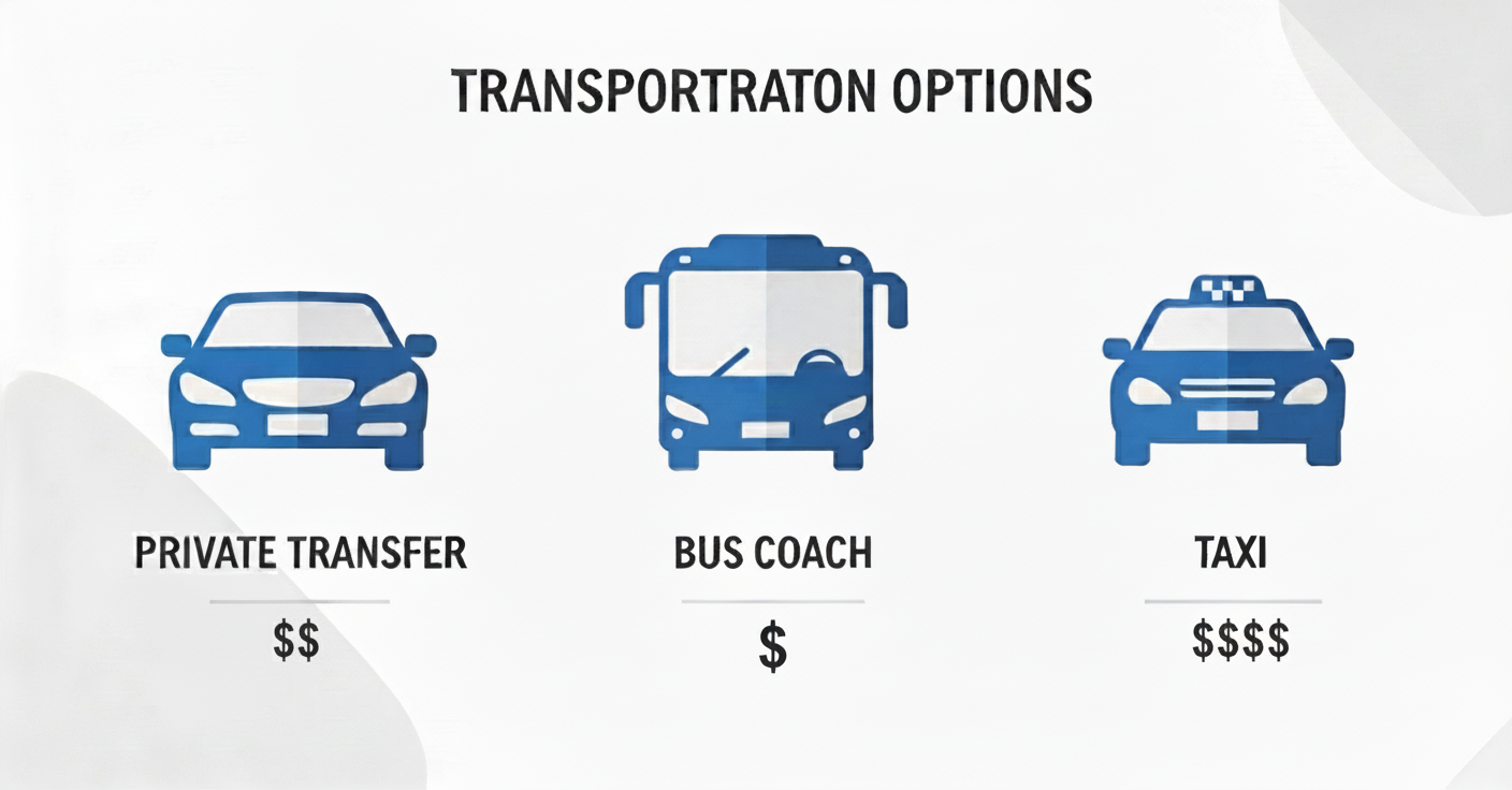  Infographic comparing the relative costs of private transfers, bus coaches, and taxis in Iceland.