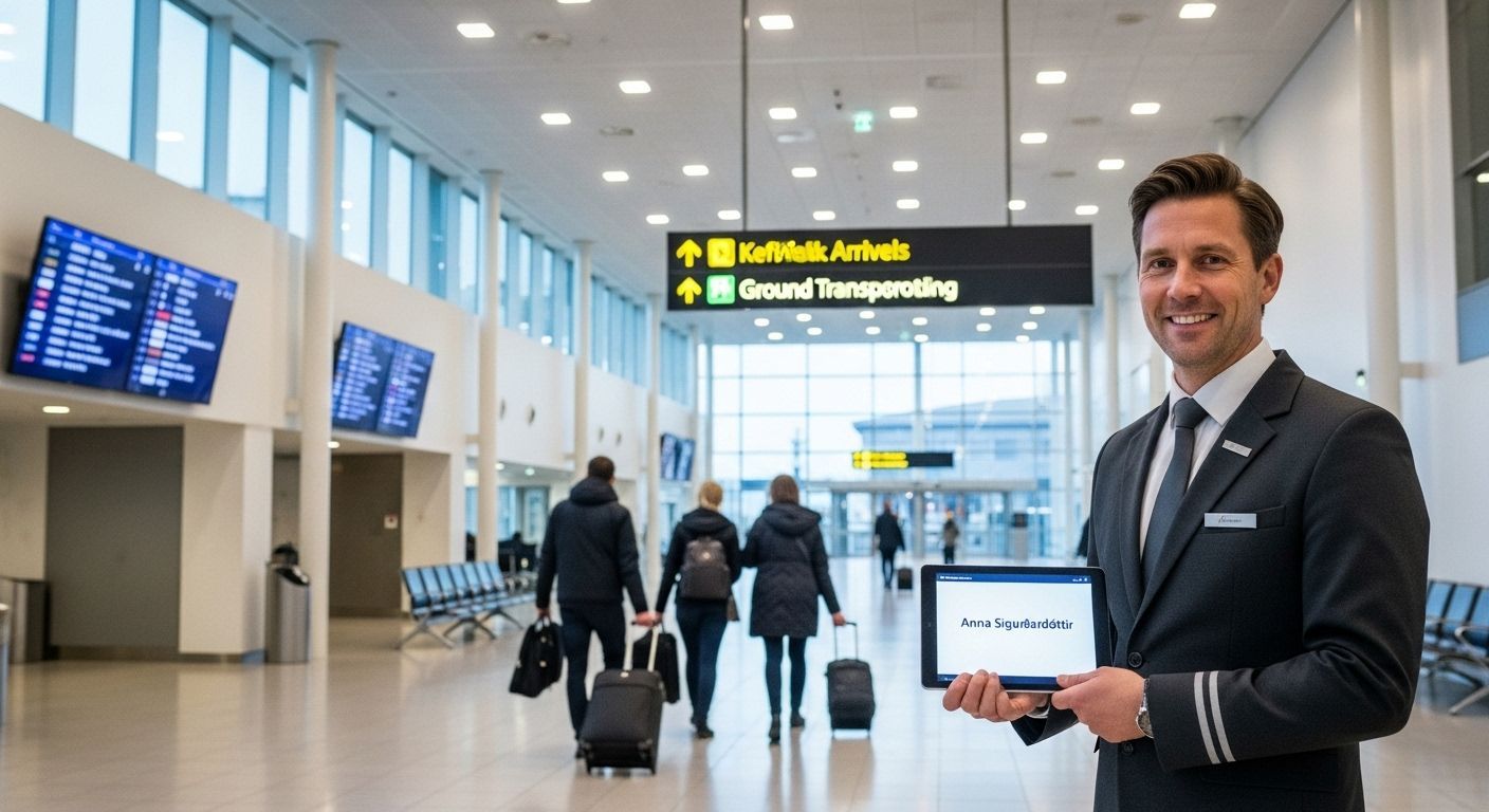 The welcoming and modern arrivals hall at Keflavik Airport with a driver waiting.