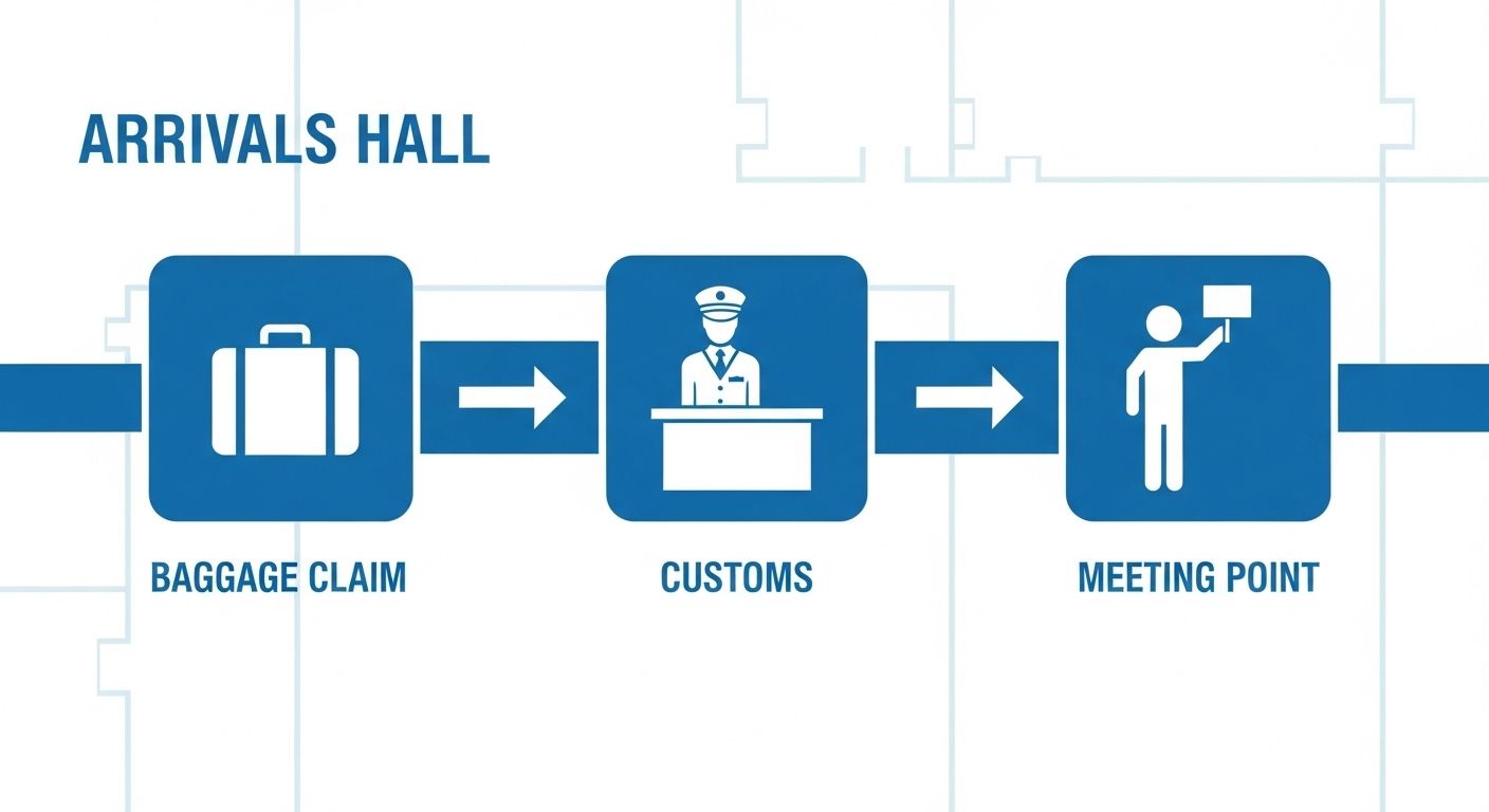 A map of the Keflavik Airport arrivals hall showing the path to the transfer meeting point.