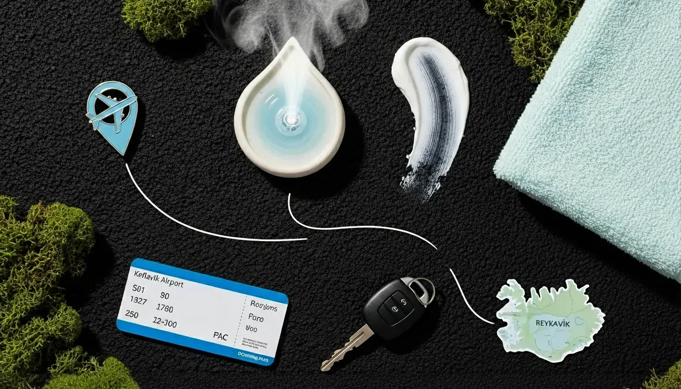 Editorial flat-lay symbols of the KEF to Blue Lagoon journey on a volcanic backdrop