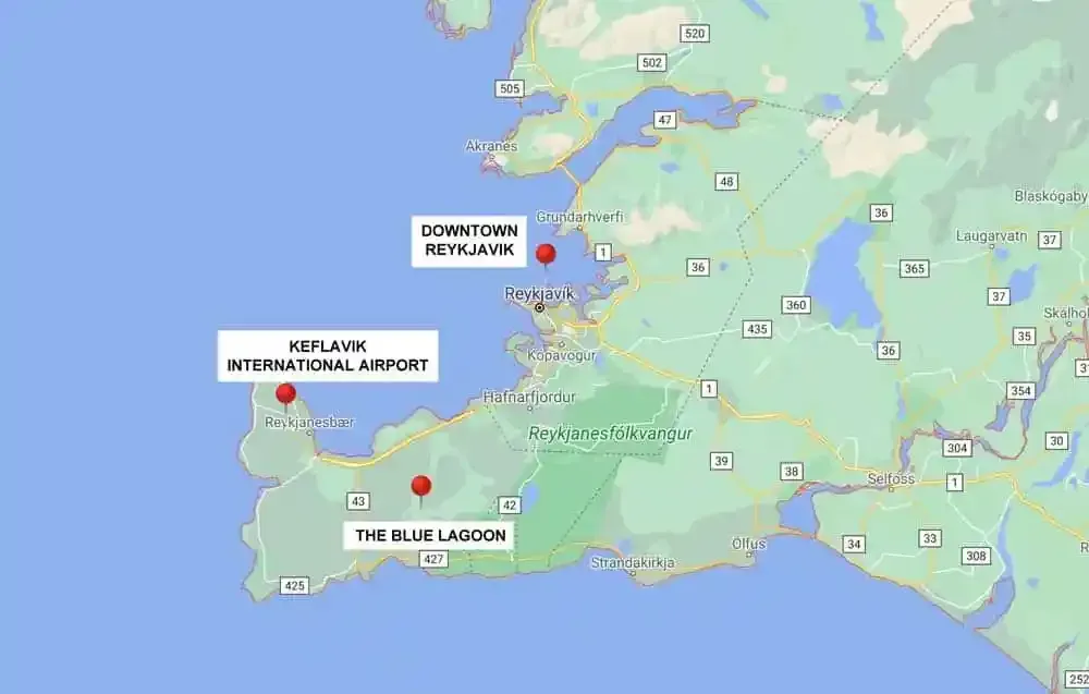 Map showing Keflavik Airport, Blue Lagoon and Reykjavik