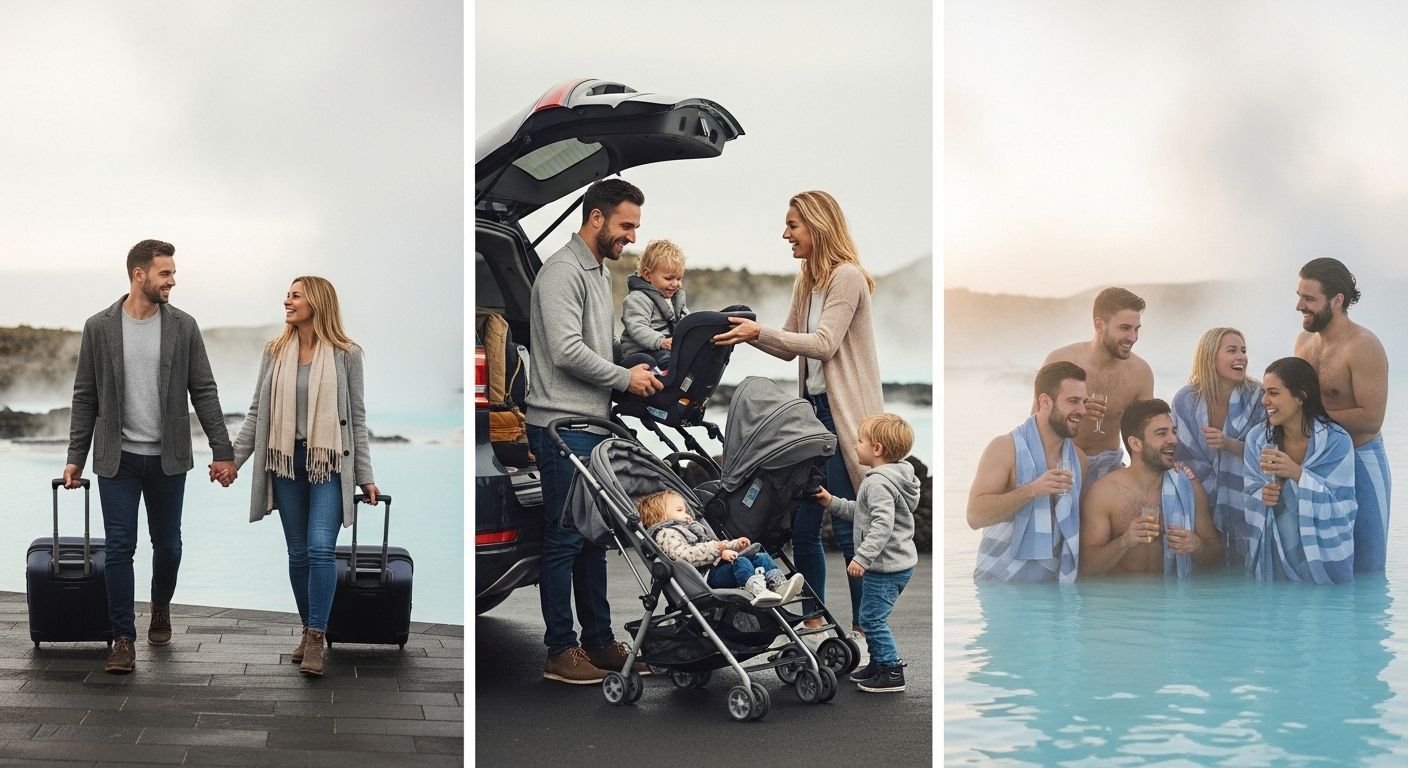 Collage of traveler scenarios using Keflavik Airport to Blue Lagoon transfer: couples, families, groups