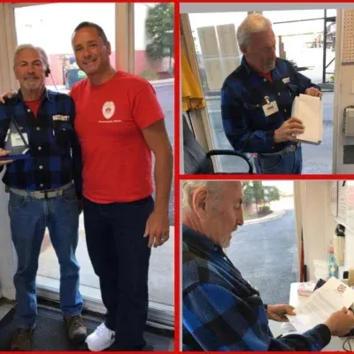 Collage: Two men, one red shirt, one blue plaid, pose. The plaid shirt man is seen reading papers in two other shots.