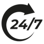 Black 24/7 symbol: curved arrow around the text 