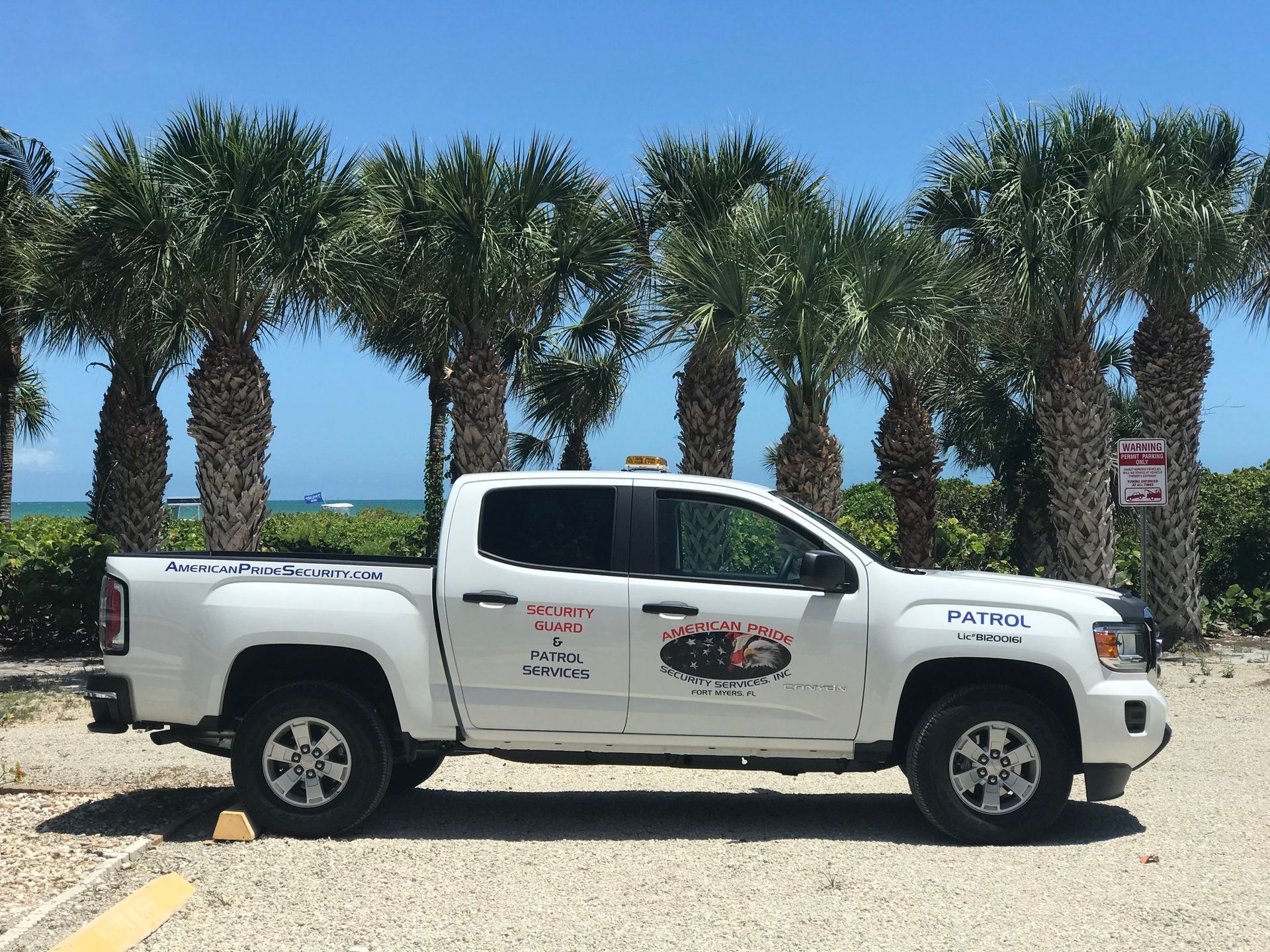White pickup truck parked with palm trees and ocean view in background.
