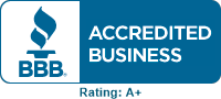 BBB Accredited Business logo with A+ rating. Blue flame logo with