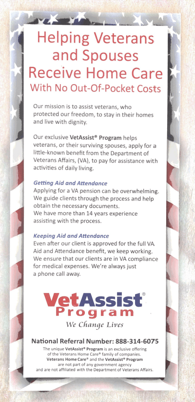 Flyer promoting home care for veterans and spouses, with no out-of-pocket costs, using VetAssist Program.