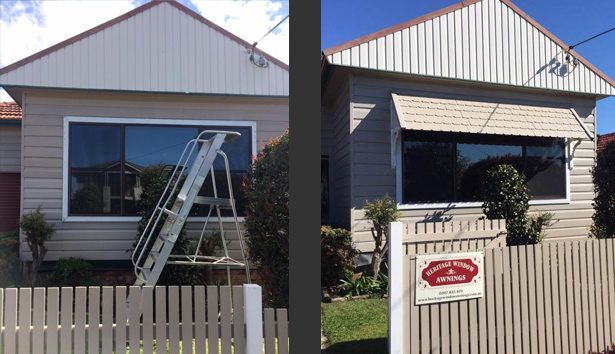 A before and after photo of a house with a ladder in front of it — Heritage Window Awnings in the Hunter Valley, NSW