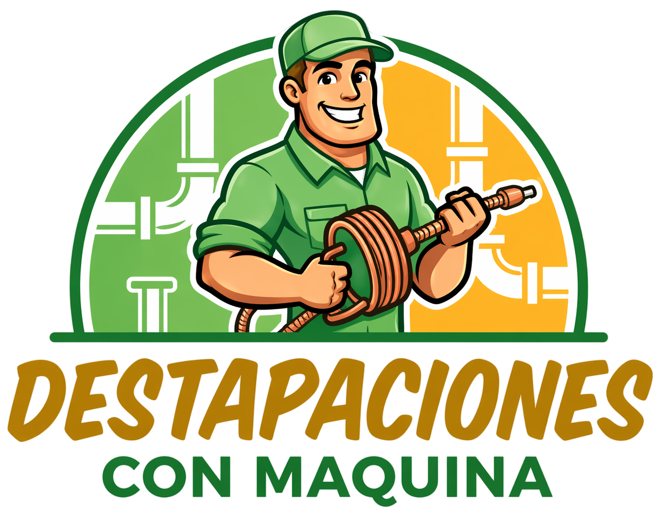 Logotipo de un fontanero con uniforme verde sosteniendo una sonda desatascadora, con el texto “Desatascos con máquina”