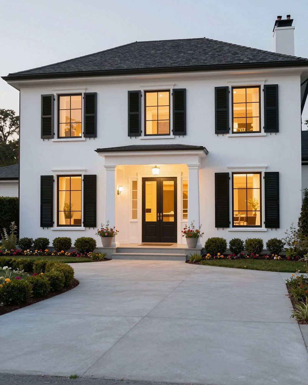 White two-story house at dusk with lit windows, dark shutters, and a curved front walkway