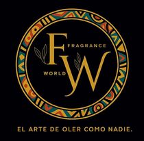 Logotipo para Fragrance World con las iniciales “FW”, rodeadas de un borde ornamental; lema en español.