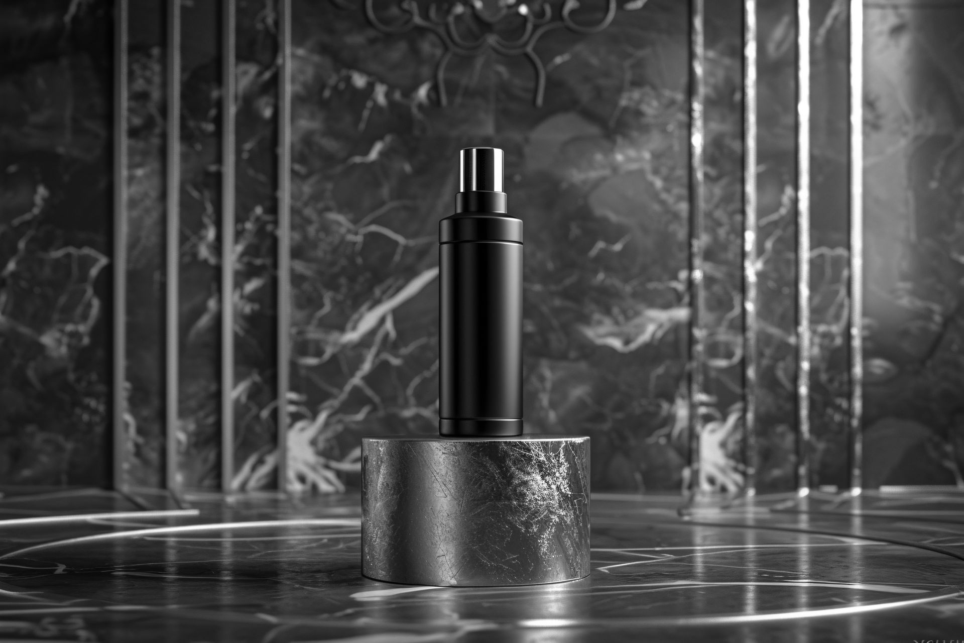 Frasco de perfume en blanco y negro sobre un pedestal cilíndrico, sobre un fondo de mármol