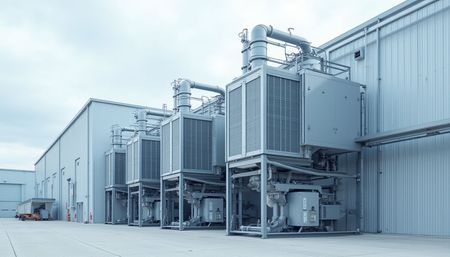 Exterior view of industrial building with several large air conditioning units mounted on the wall.