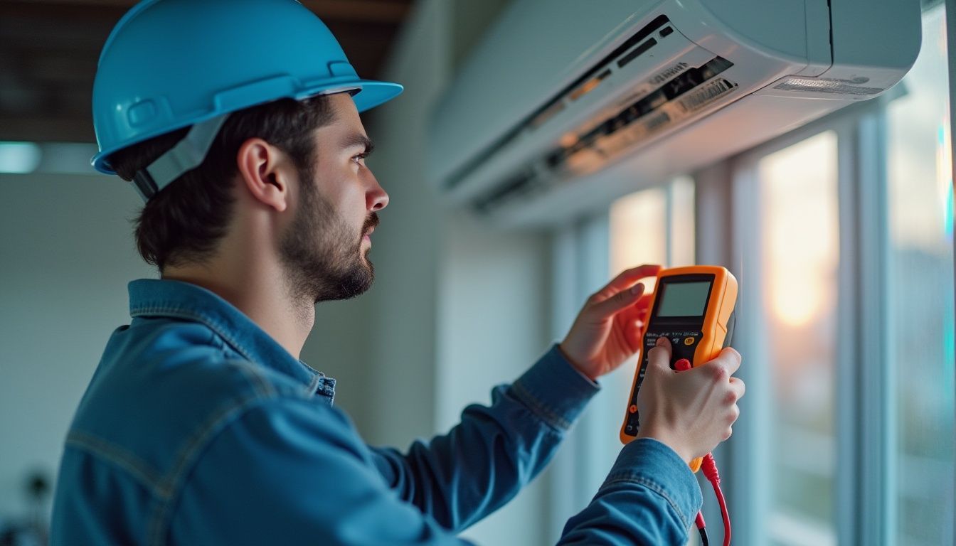 HVAC technician in blue, using a multimeter on an AC unit near a window.