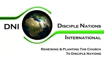 Logo of Disciple Nations International. Globe in a circle, with text: DNI, Disciple Nations International. Green accents.